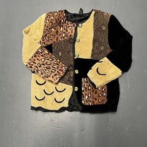 Vintage 90s women's animal print patch work button up cardigan sweater
